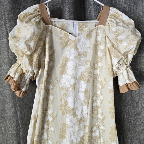 Royal Creations Hawaiian Puff Sleeve Maxi Dress Sz XL Ruffles Floral Tan - Picture 2 of 5